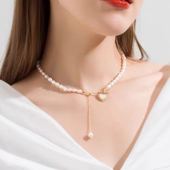 Jewelry - Freshwater Baroque Pearl T-Bar Necklace heart shaped pendant handmade adjustable